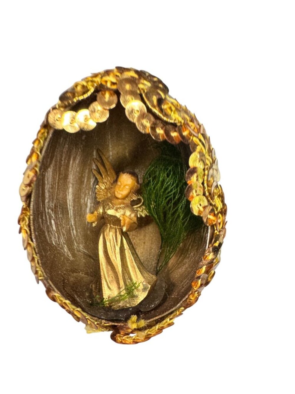 Vintage Eggshell Diorama Angel Ornament Gold Sequin Trim 2" - Picture 3 of 6